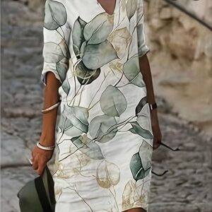 Chic Botanical Print V-Neck Midi Dress
